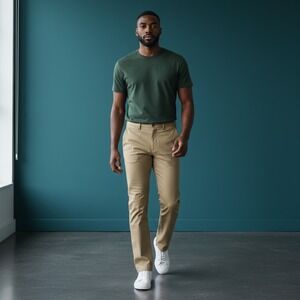 GUSTIN Khaki Herringbone Straight Fit Chinos Mens Size 31 Waist 31 Inseam 34